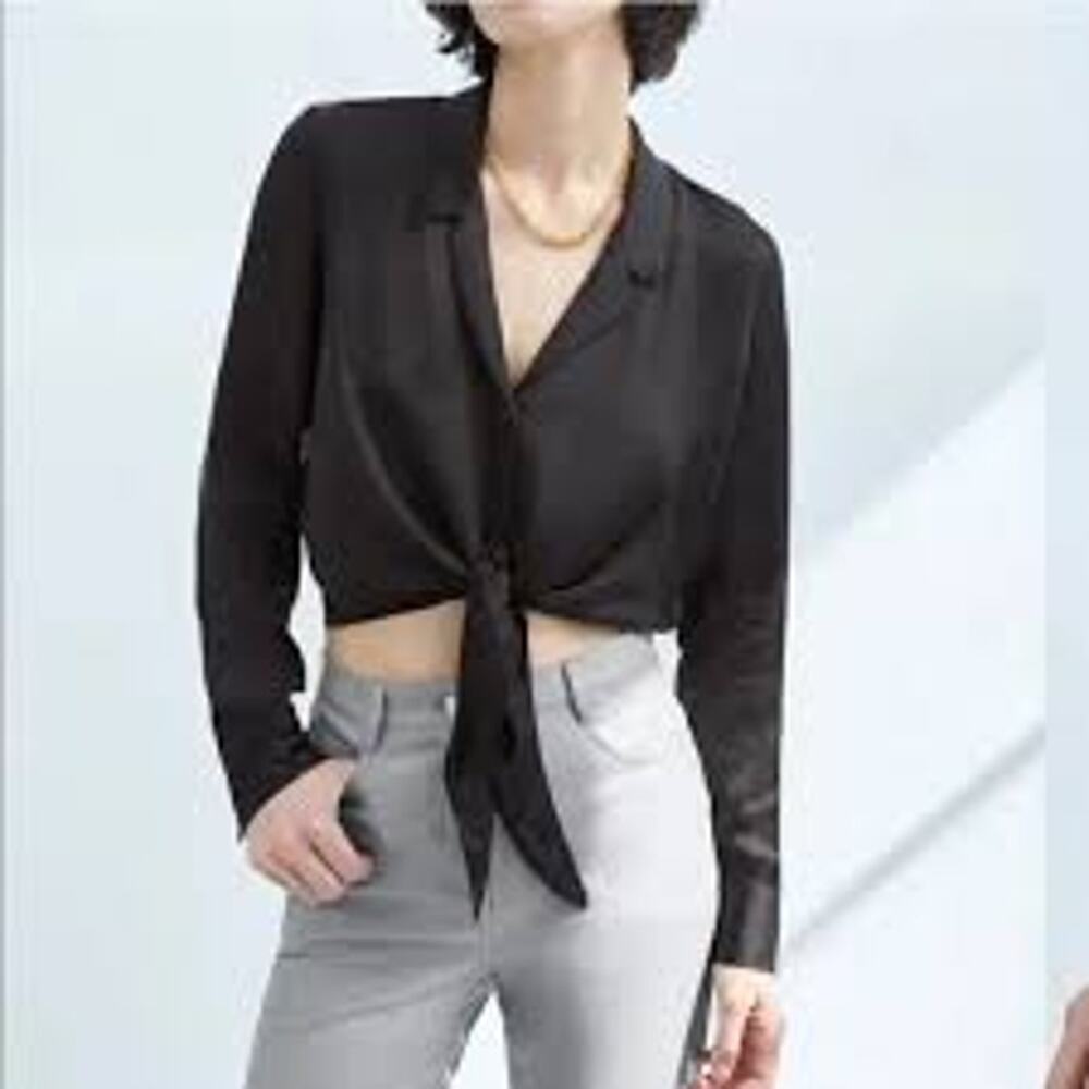 Wilfred Womens Size Medium Tie Front Satin Shirt Blouse Black Cupro Long Sleeves